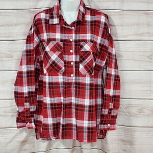 Old Navy boyfriend plaid tunic popover shirt long sleeve red black gray blue M